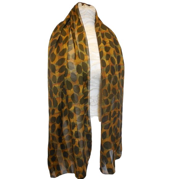 1980s Vintage Scarf Long Chiffon lightweight leaf print tan brown classic retro - Picture 4 of 8